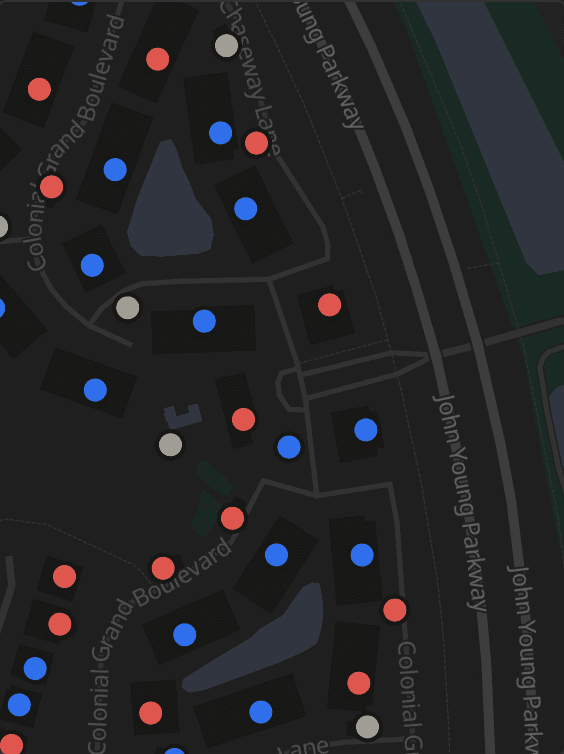 Voters mapped across a neighborhood