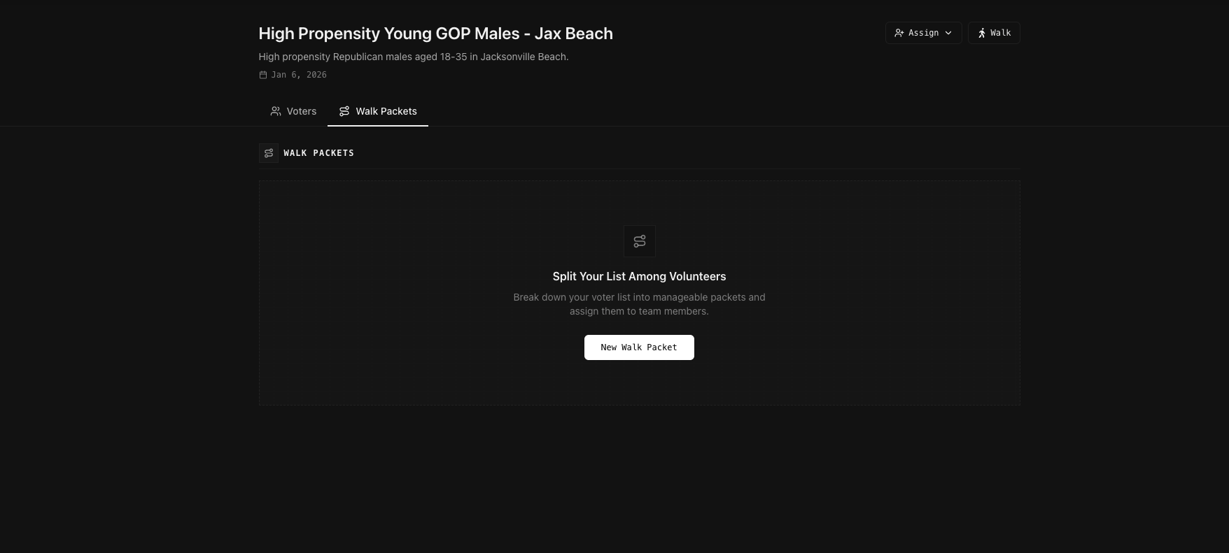 Walk sheet list view showing multiple packets in a voter list