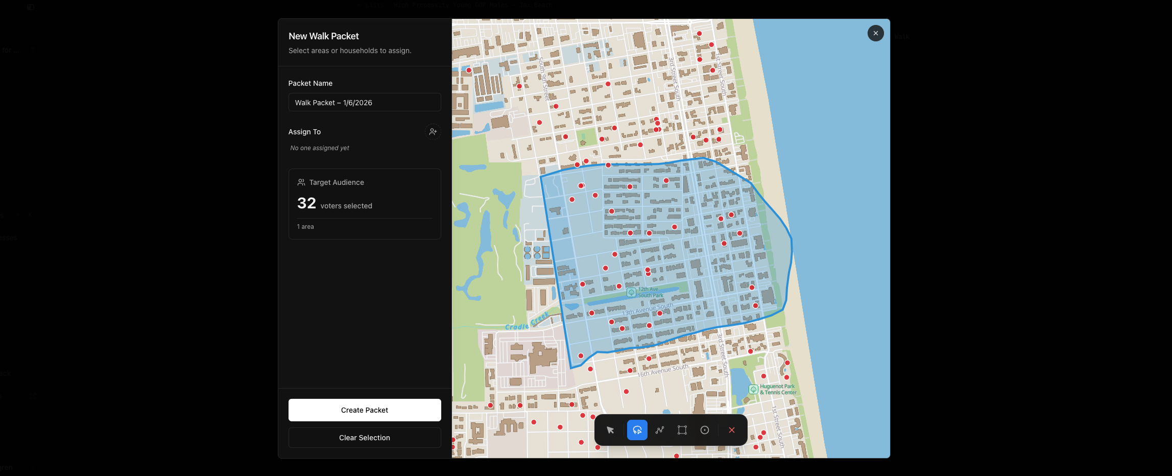 Walk sheet detail view with mapped routes and assigned voters
